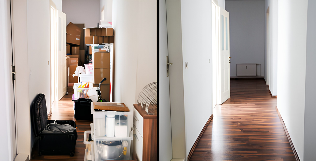 Vergleichsbild eines Wohnungsflurs vor und nach der Entrümpelung